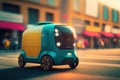 An automated delivery robot standing still on a city street, captured with a shallow depth of field to showcase its advanced