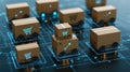 Automated delivery vehicles on digital network with cardboard boxes and shopping cart icons