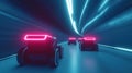 Automated delivery vehicles move swiftly through futuristic tunnel. Neon lights illuminate interior. Advanced tech, efficient