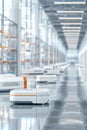 automated distribution systems, AI-powered robots collaborate in automated distribution hub with natural light and industrial