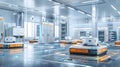 automated distribution systems, AI-powered robots collaborate in a vast industrial hub with natural light.