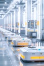 automated distribution systems, AI-powered robots sorting goods in a vast industrial area with natural light.