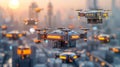 automated distribution systems, Sunset drone delivery at automated distribution center in urban setting.