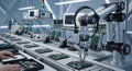 Automated Electronic Component Assembly Line in High-Tech Laboratory with Robotic Arm and Technicians Royalty Free Stock Photo