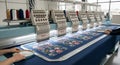 Automated Embroidery Machines in Operation Displaying Floral Pattern Designs on Fabric with Colored Threads and Human Hands Royalty Free Stock Photo