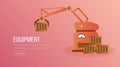 Automated factory equipment vector landing page. Robot hand holding box, robotized instrument moving wooden containers