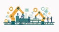 Automated factory production line with robotic arms and engineers overseeing operations
