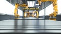 Automated factory with robot arms placing products on conveyor belts, 3D render