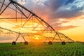 Automated farming irrigation system in sunset Royalty Free Stock Photo