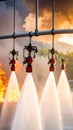 Automated fire suppression system deploying powerful water streams to control intense blaze under a dramatic smoky sky Royalty Free Stock Photo