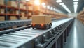 Automated guided vehicle carries package on conveyor system in modern warehouse. Efficient logistic, shipping operations for