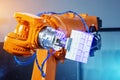 Automated hand robot technical production, measurement, study of the parameters of objects. Industrial techno theme Royalty Free Stock Photo