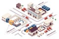 Automated industry concept 3d isometric web infographic workflow process. Infrastructure map with buildings, plant, warehouse,