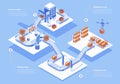 Automated industry concept 3d isometric web people scene with infographic. Robotic arms working in assembly line, sorting and