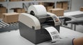 Automated Labeling Machine Printing Barcodes In Warehouse Environment Packaging and Shipping Process Royalty Free Stock Photo