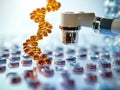 Automated laboratory robot analyzing orange molecular structures representing cutting edge biotech innovation nanotechnology