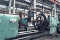 Automated lathe machine in factory workshop, boring of part with milling tool. Metalworking machine grinds tube metal