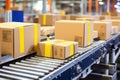 Automated Logistics, Barcode-Labeled Boxes on Conveyor Belt Royalty Free Stock Photo