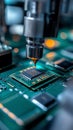 Automated Machine Applying Precision Soldering to Microchip on Circuit Board