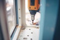 automated machine drilling holes in window frame