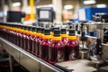 automated machine labeling and packaging juice bottles on a production line Royalty Free Stock Photo