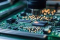 Automated machine working on microchip and motherboard in factory