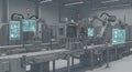 Automated Manufacturing Process Illustration Showing Robotic Arms and Conveyor Belts