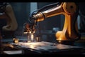 Automated mechanical robot on a conveyor line. Generative ai