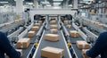 Automated Package Sorting System with Conveyor Belts in Industrial Warehouse Setting with Workers and Boxes Royalty Free Stock Photo