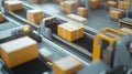 Automated Package Sorting System in a Modern Warehouse with Boxes Moving on Conveyors, Showcasing Streamlined Logistics and Supply