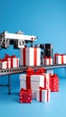 Automated packaging machine preparing festive gift boxes with red ribbon bows on conveyor belt Royalty Free Stock Photo