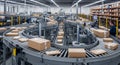 Automated Parcel Conveyor System in Modern Warehouse Distribution Center with Workers and Cardboard Boxes for E-Commerce and Royalty Free Stock Photo