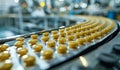 Automated pharmaceutical production line producing small white pills in bottle. The manufacturing process of medical pills on a Royalty Free Stock Photo