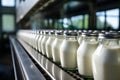 Automated process of filling milk and yogurt into glass bottles at a modern dairy plant