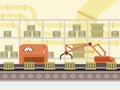 Automated production line cartoon illustration. Boxes on factory conveyor belt, robot hand modern automotive technology