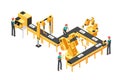 Automated production line, factory conveyor with workers and robotic arms isometric industrial vector concept