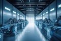 Automated production line in a factory. 3d rendering toned image, Futuristic AI robot workers working in an industry, AI Generated