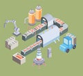 Automated production line. Factory floor with conveyor and various machines. Vector illustration in isometric projection