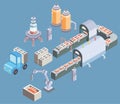 Automated production line. Factory floor with conveyor and various machines. Vector illustration in isometric projection