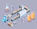 Automated production line. Factory floor with conveyor and various machines. Vector illustration in isometric projection Royalty Free Stock Photo