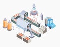 Automated production line. Factory floor with conveyor and various machines. Vector illustration in isometric projection Royalty Free Stock Photo