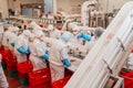 Automated production line with packaging and cutting of meat in modern food factory.Meat processing equipment. Food Royalty Free Stock Photo