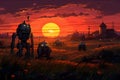 Automated Robot farm machine sunset. Generate Ai