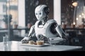 Automated robot serving food in restaurant. Generative AI.