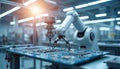 Automated robotic arm assembles electronic circuit board at high tech manufacturing facility. Precision machinery builds computer Royalty Free Stock Photo