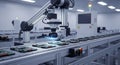 Automated Robotic Arm Assembling Electronic Components on a Conveyor Belt in a Manufacturing Facility with Advanced Technology Royalty Free Stock Photo