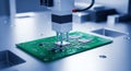 Automated Robotic Arm Assembling a Microchip on a Green Printed Circuit Board Royalty Free Stock Photo