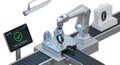 Automated robotic arm assembling product conveyor system manufacturing process technology white background Royalty Free Stock Photo