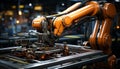 Automated robotic arm constructs steel machinery in futuristic factory generated by AI