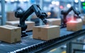 Automated robotic arm scanning and processing cardboard boxes on a conveyor belt in a modern warehouse or distribution center Royalty Free Stock Photo